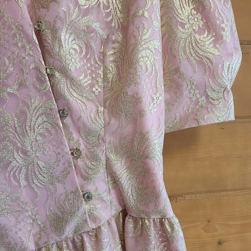 Vintage Dress Halston Midi Pink Gold Lace Drop Waist Vneck 10 Feminine Retro - Picture 2 of 5